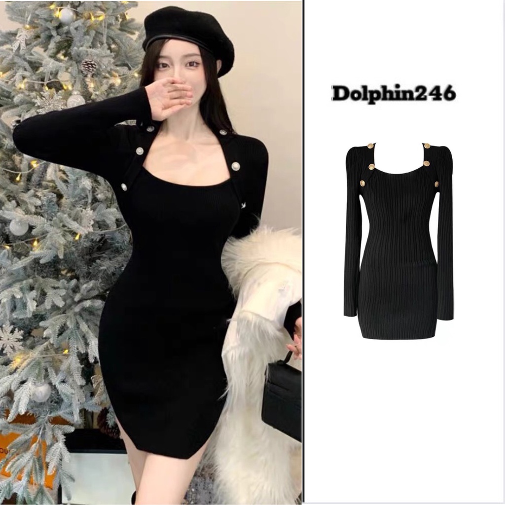 Váy len body dáng ôm tay dài chất len tăm cổ vuông đính cúc nổi bật sang chảnh kiểu Hàn Quốc nhiều màu cho nữ S-26