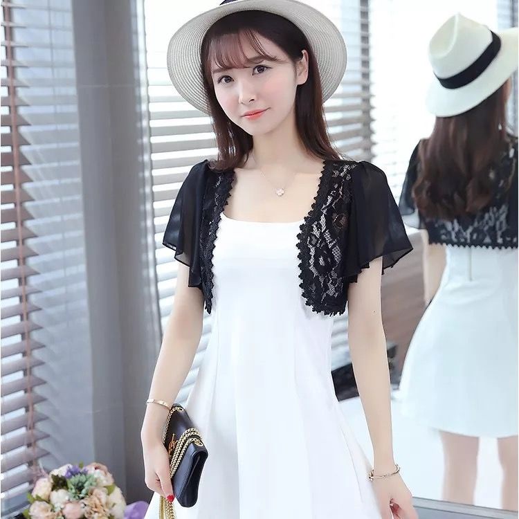 Áo Khoác Cardigan Tay Ngắn Phối Ren Lỗ Màu Trơn Thời Trang Cho Nữ