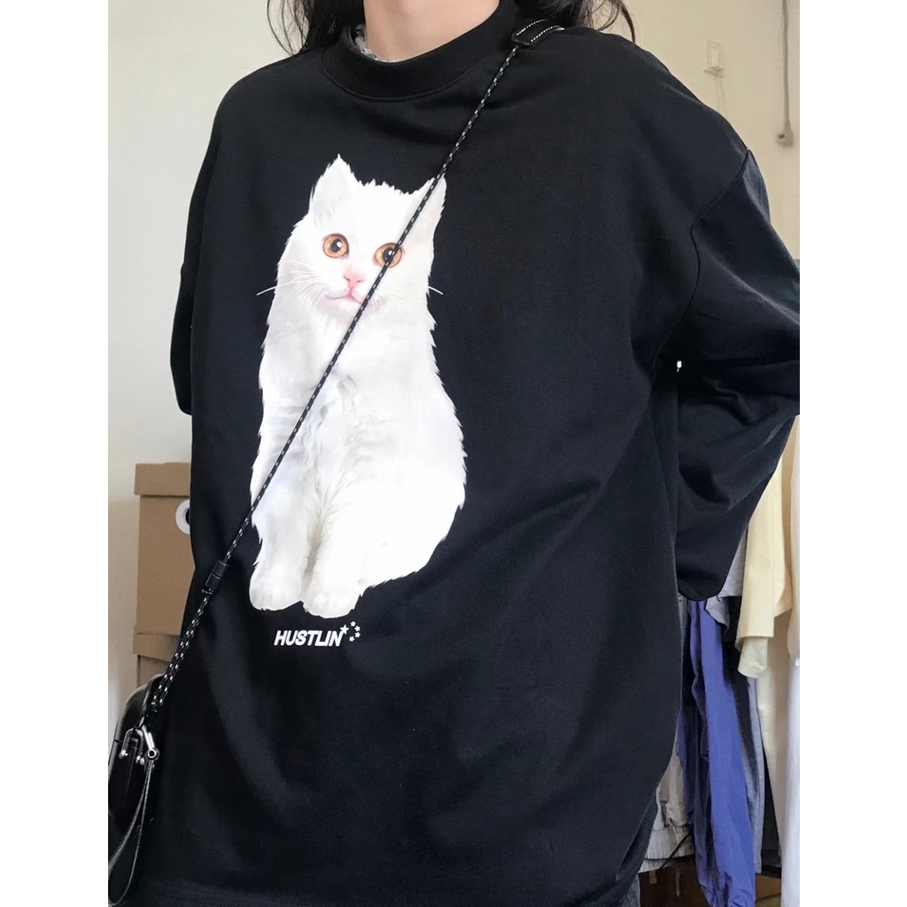 SALMO Áo Sweater in hình dễ thương con mèo trắng thời trang nữ hàn quốc oversize ulzzang 100% cotton