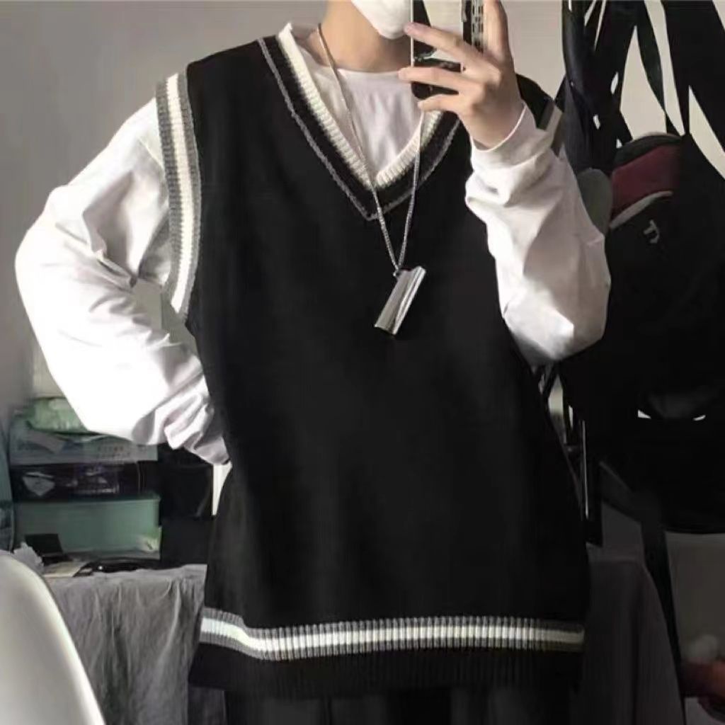 Áo Dệt Kim Không Tay Dáng Rộng Cổ Chữ V Màu Sắc Tương Phản Phong Cách Retro Nhật Hàn Dành Cho Nữ