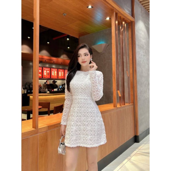 ĐẦM REN HOA NỔI CỔ TRÒN TAY DÀI