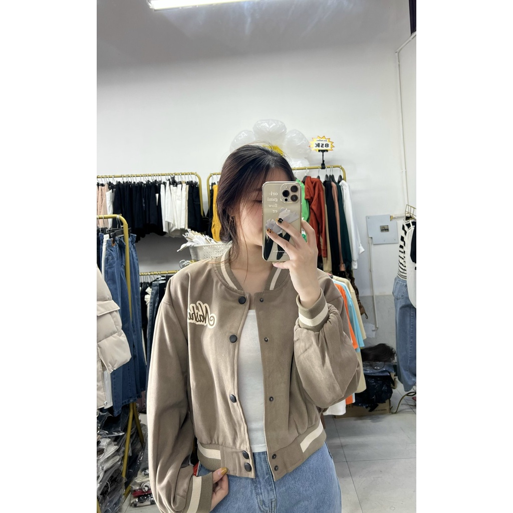 Áo khoác bomber croptop, chất nhung nỉ, có thêu chữ, Xưởng may Ngọc Anh