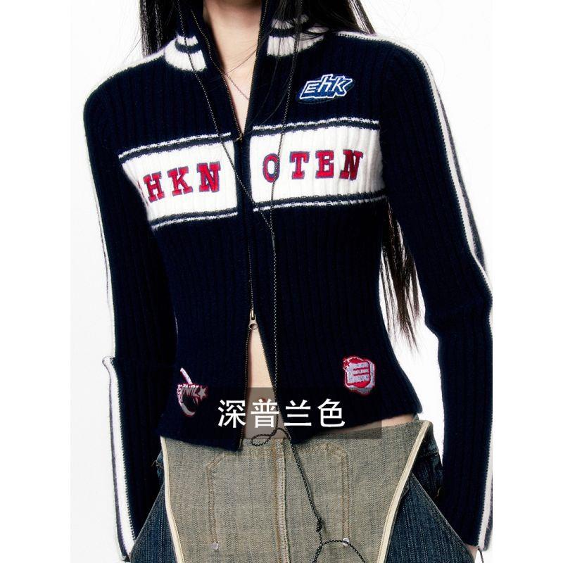 Ehk Áo Sweater Dệt Kim Mỏng Vừa Vặn Thêu Họa Tiết Sọc Màu Trắng Xanh Dương Phong Cách Retro Dành Cho Nữ