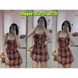 Set croptop 2 dây dạ caro đỏ chân váy caro giáng sinh
