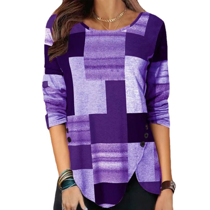 Xiangbao Áo Thun Tay Dài Cổ Tròn Màu Khối Xẻ Tà Viền Nút Bên Hông Kẻ Sọc Caro Đơn Giản Cho Nữ