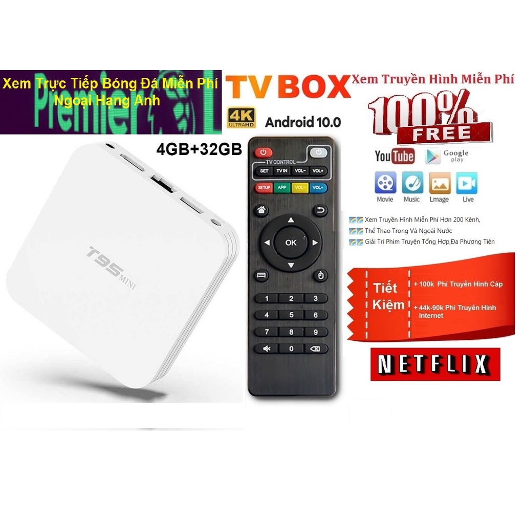 Tv Box-Smart Box Tv Android 10.0 Ram 4GB Rom 32GB 4K 1080p Wifi 2.4g & 5g Xem Miễn Phí 200 Kênh Truyền Hình-Thể Thao