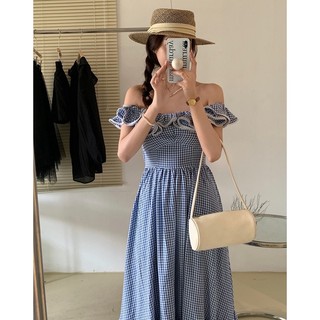 𝐉𝐨𝐥𝐢𝐞 𝐃𝐫𝐞𝐬𝐬 - Đầm midi caro xanh cổ bèo