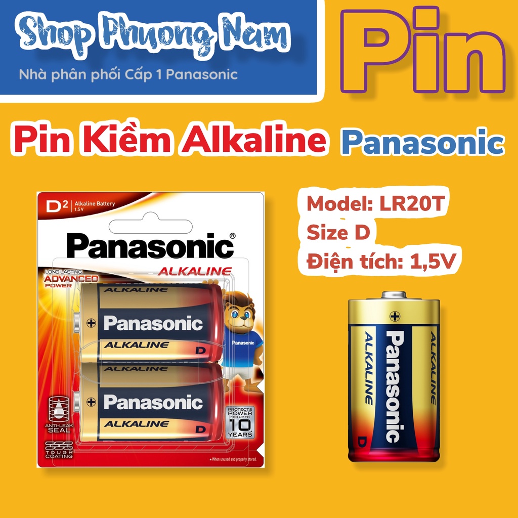 Pin kiềm Akaline Đại (D) 1.5V Panasonic, 2 viên/vỉ, LR20T, Xuất xứ Nhật Bản