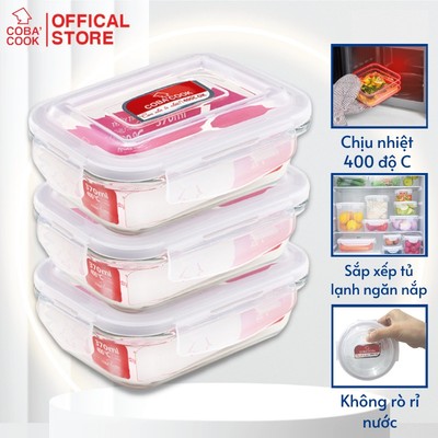 Bộ 3 hộp thủy tinh COBA'COOK đựng thực phẩm chịu nhiệt hình chữ nhật dung tích 370ml -CCL33