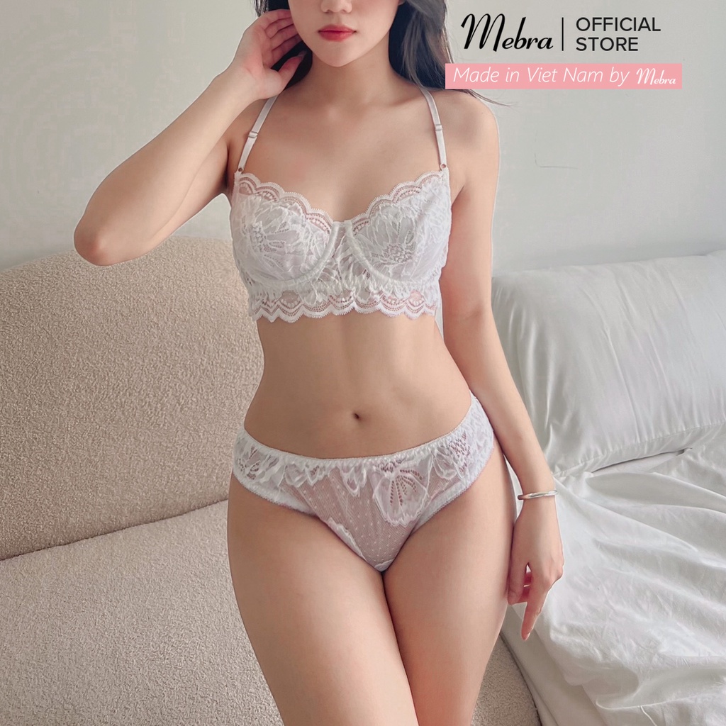 Bộ Đồ Lót Ren Hoa Trắng Có Gọng Không Đệm Mút 2 Lớp Chân Ren Bản To Gợi Cảm Sexy Cao Cấp Mebra S007A