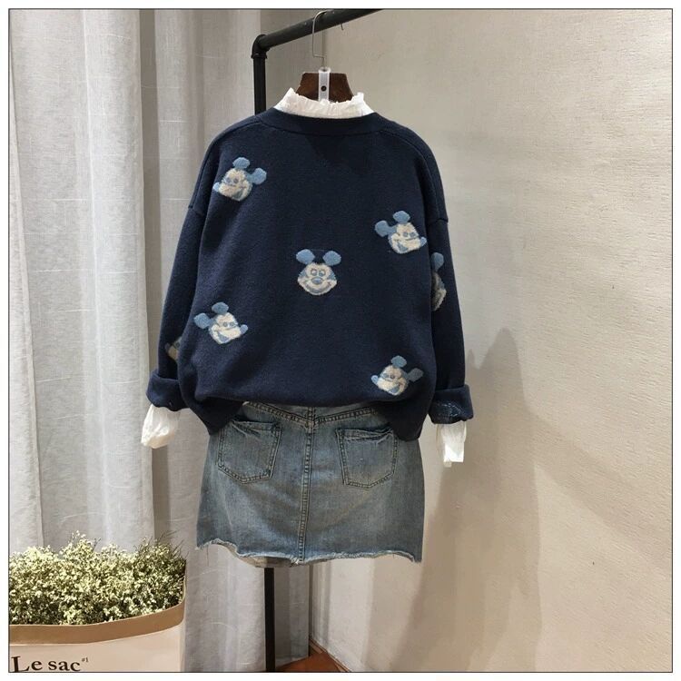 Áo Khoác Cardigan Dệt Kim Dáng Rộng In Hình Chuột Mickey Thời Trang Mùa Thu Hàn Quốc 2023 Cho Nữ