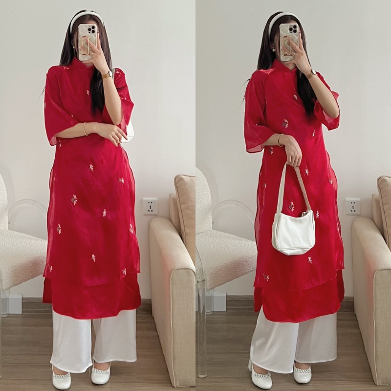 Set áo dài cách tân Tết voan tơ thêu hoa 4 tà SHINE CLOTHES nhiều màu xinh xắn, Áo dài dáng suông kèm quần