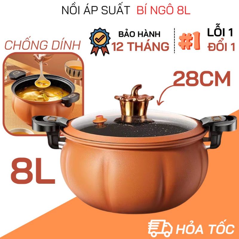 Nồi áp suất bí ngô dung tích 8L, chất liệu chống dính cao cấp, dùng được cho mọi loại bếp, hầm cháo, hầm gà tiện dụng