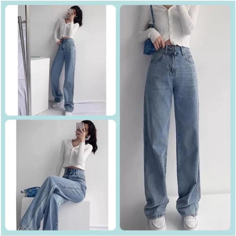 Quần baggy jean nữ lưng cao, thêu hình trái tim 2 bên ống, màu xanh jean JL32 JL JohnsonLi