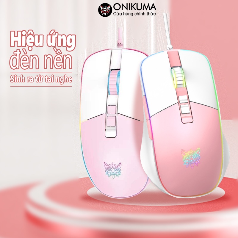 Chuột chơi game có dây ONIKUMA CW916 màu hồng trắng với đèn RGB