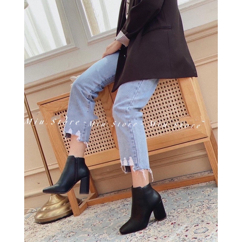 Bốt cao cổ Collee VNXK 2 màu Đen, Nude, Giày boot nữ gót vuông lót lông hàng chuẩn xuất xin
