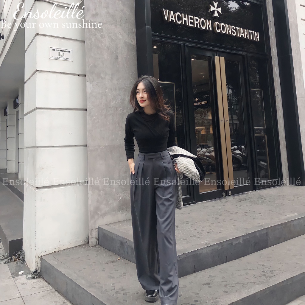 Quần nữ ống rộng cạp cao hai ly ENSOLEILLÉ fashion design, vải tuýt si hai biên cao cấp form chuẩn hách dáng