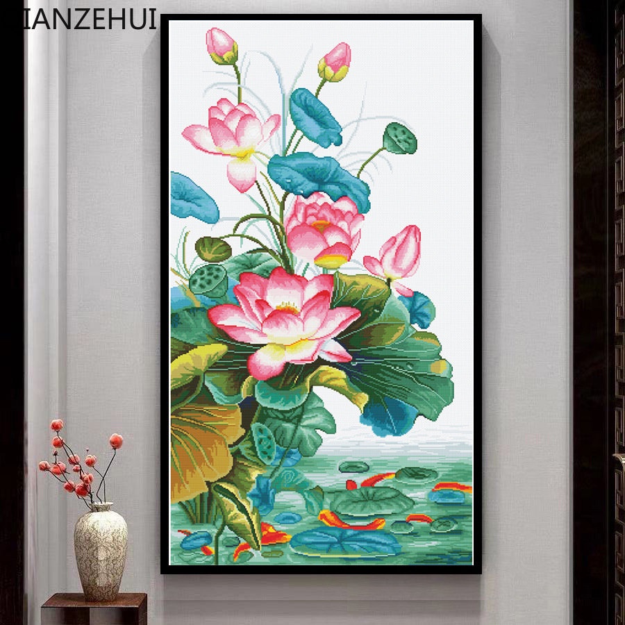 Bộ Tranh Thêu Chữ Thập 11CT DIY Hình Hoa Sen / Cá Chép / Cá Chép / Hoa Sen Chất Liệu Cotton Không Bị Rơi