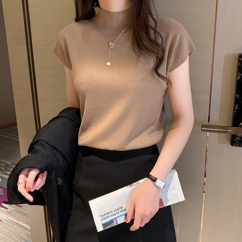 Women's short sleeve mid-high collar slim sleeveless ice silk sweater
