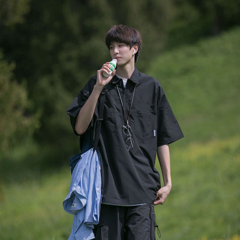 Áo Thun POLO Tay Ngắn Dáng Rộng Có Khóa Kéo Phong Cách Nhật Bản Thời Trang Mùa Hè Cho Nam