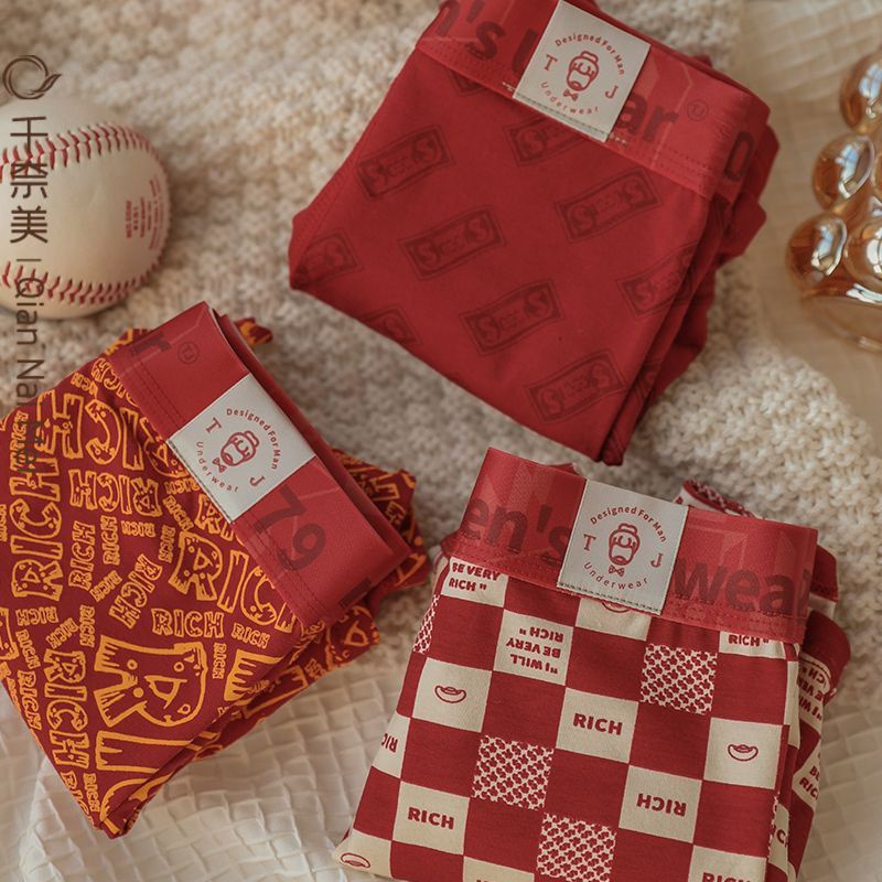 Set 3 Quần Lót Boxer Cotton Đỏ Thoáng Khí Thời Trang Năm Mới Cho Nam