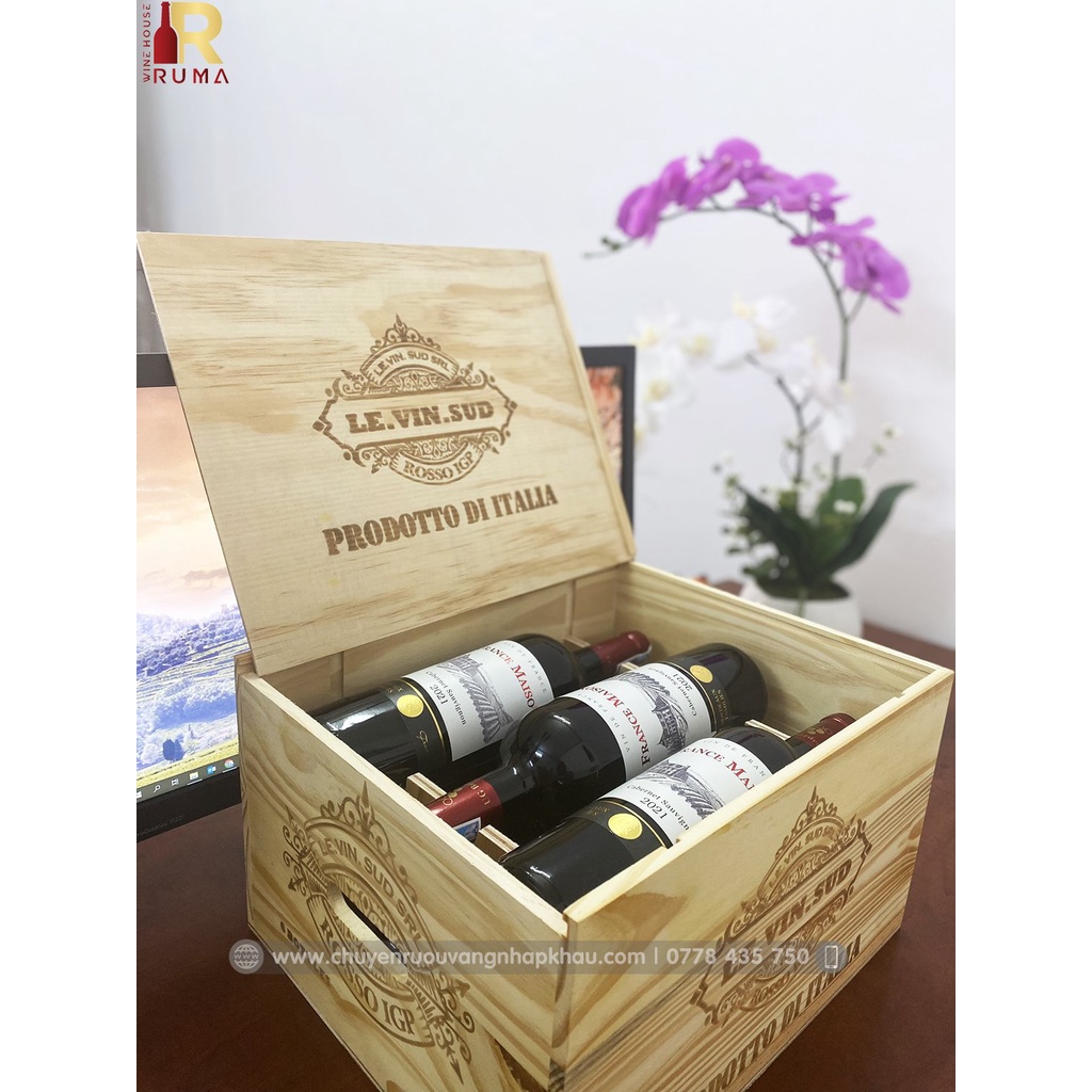Quà tặng hộp gỗ 6 chai rượu vang Pháp France Maison nhập khẩu