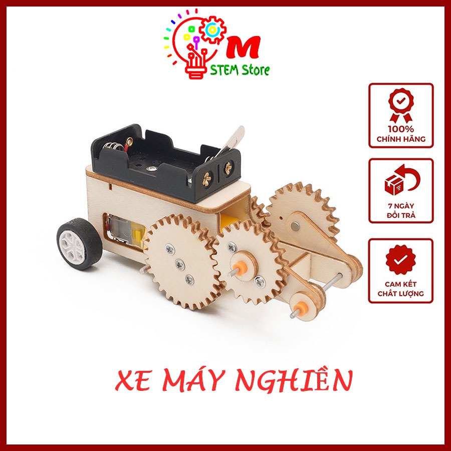 Đồ chơi STEM, đồ chơi khoa học phát triển trí thông minh cho bé Bộ lắp ráp mô hình Xe bánh răng bằng gỗ động cơ điện