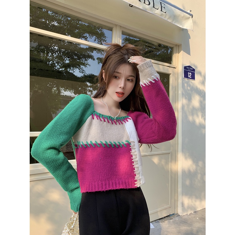 HUANG YOYO Áo Croptop Dệt Kim Tay Dài Cổ Vuông Màu Tương Phản Kiểu Hàn Quốc Thời Trang 2023 Cho Nữ