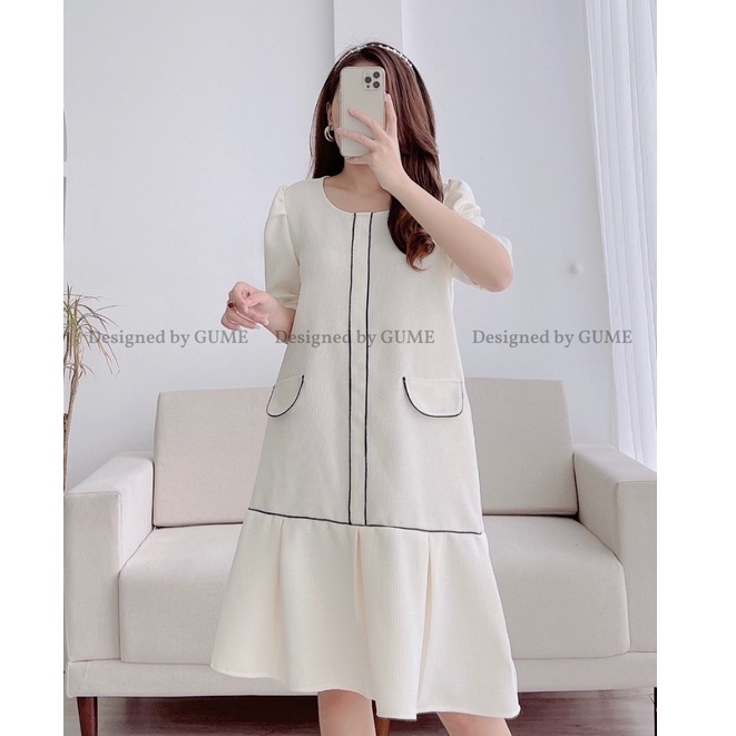 Váy Bầu Thu Đông - Đầm Bầu GUME 2 màu xanh ,trắng dây dọc đen túi dáng đuôi cá dài tay chât dạ text 40-120KG- GM064