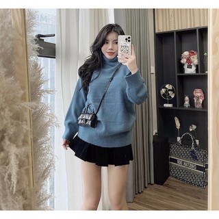 Áo len trơn cổ lọ lông thỏ