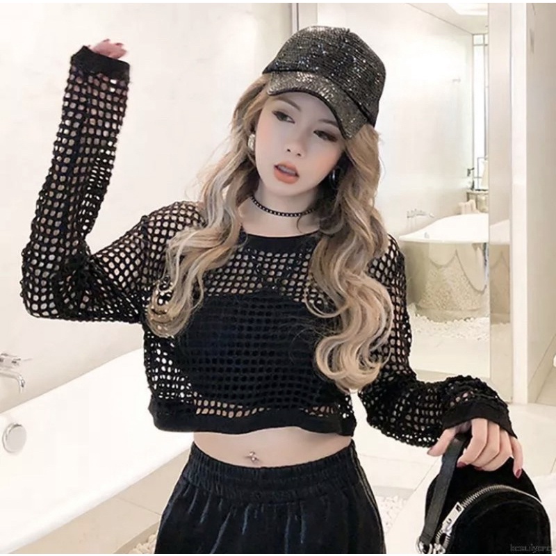 Áo lưới croptop tay dài thể thao sexy nữ