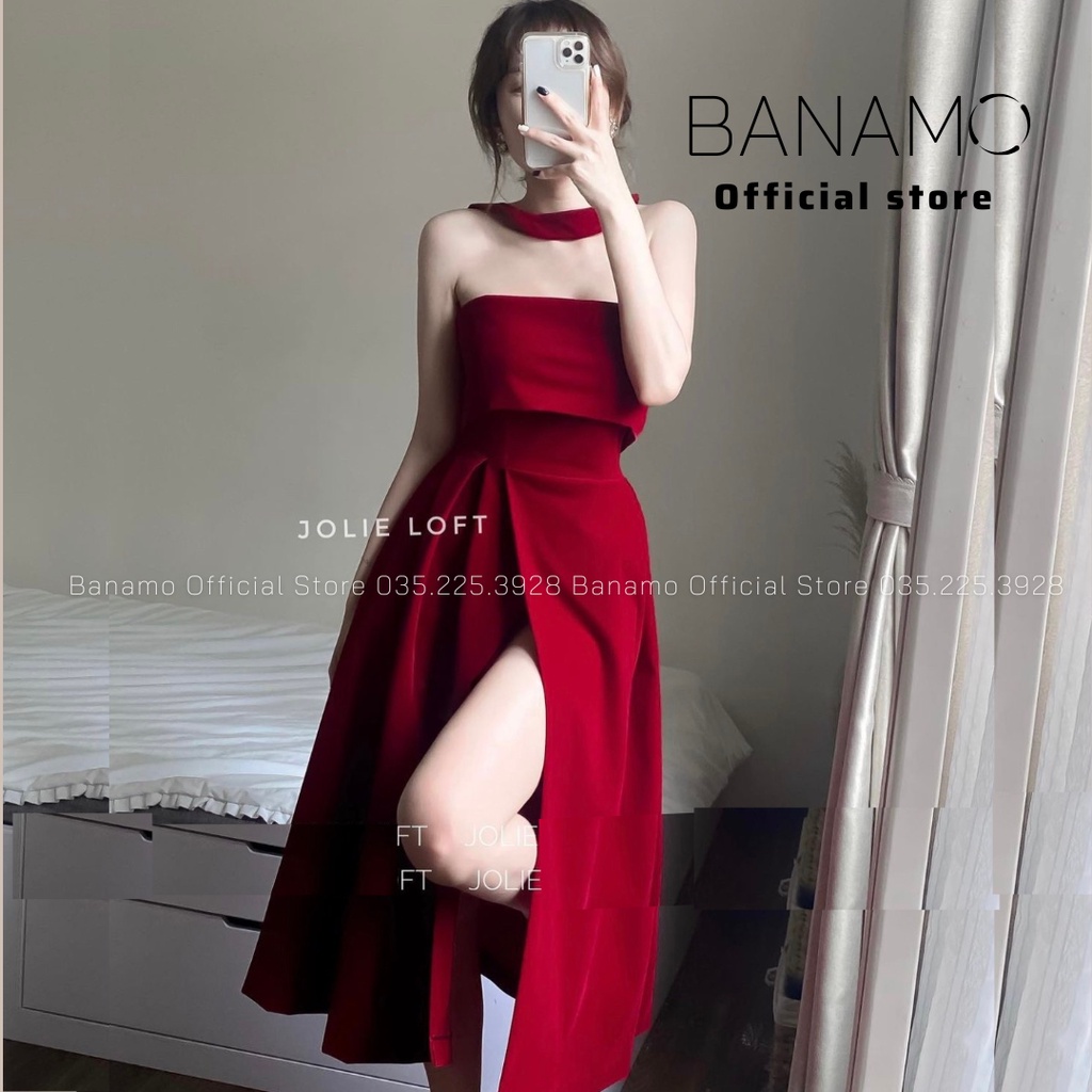 Váy dự tiệc Banamo Fashion đầm nhung xẻ tà dáng dài cổ choker 5510 | BigBuy360 - bigbuy360.vn