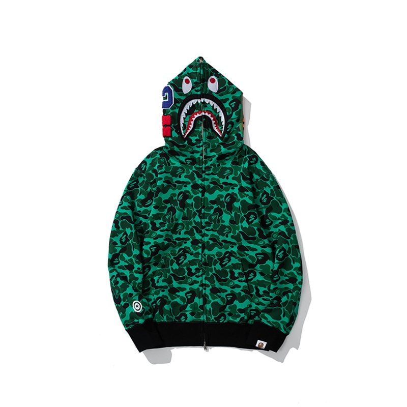 BAPE A Bathing Ape Áo Hoodie Họa Tiết Rằn Ri Hình Đầu Cá Mập Màu Xanh Lá Đậm Phong Cách Đường Phố