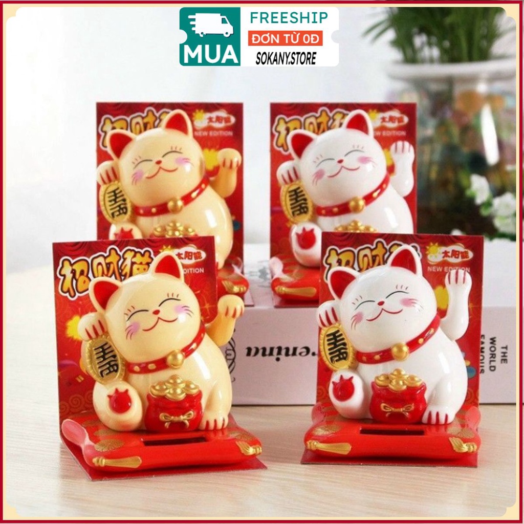 Mèo Thần Tài 🍒SOKANY.STORE🍒 Mèo May Mắn Mini Maneki Neko Tự Vẫy Tay Dùng Nguồn Năng Lượng Ánh Sáng Chất Liệu Nhựa ABS