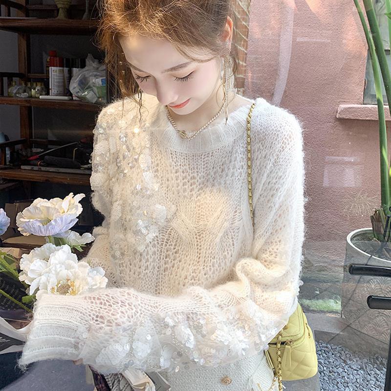 áo len nữ croptop form rộng tăm cộc tay trễ vai mỏng cổ lọ áo khoác carigan thom browne local brand ngắn hàn quốc cổ tròn cột dây Áo Sweater Dệt Kim Khoét Lỗ Đính Kim Sa Màu Hồng Phong Cách Nhẹ Nhàng Thanh Lịch Kiểu Mới Cho Nữ