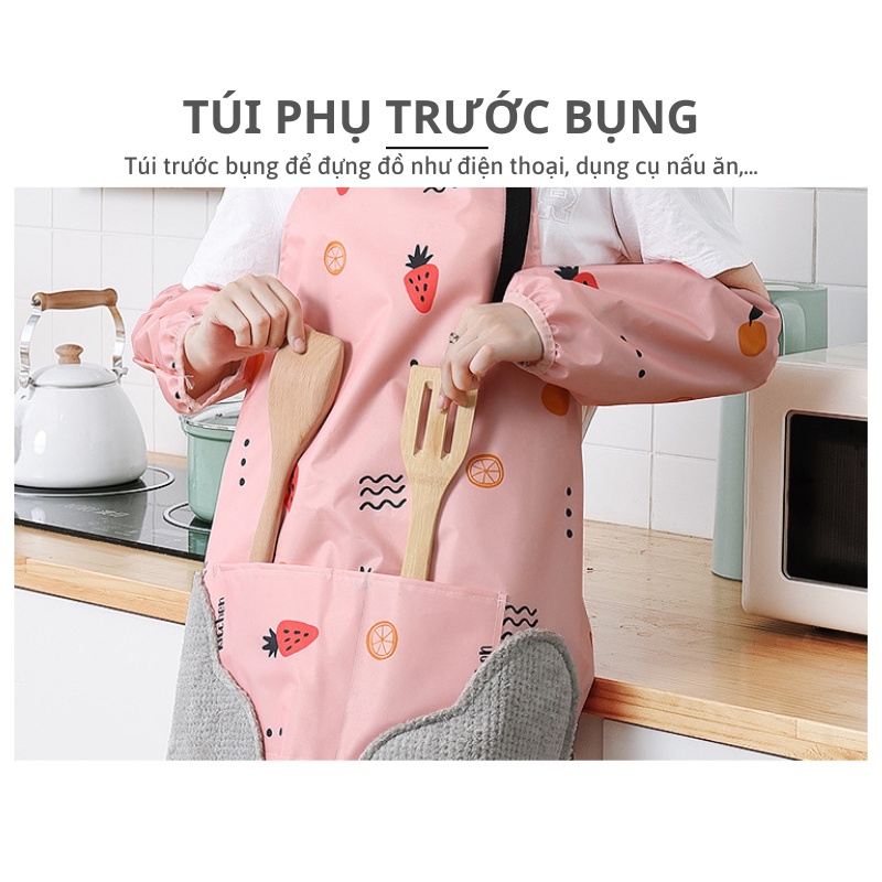 Tạp dề nấu ăn chống nước chống thấm PVC có túi đựng và khăn lau tay họa tiết dễ thương (CSNC28)