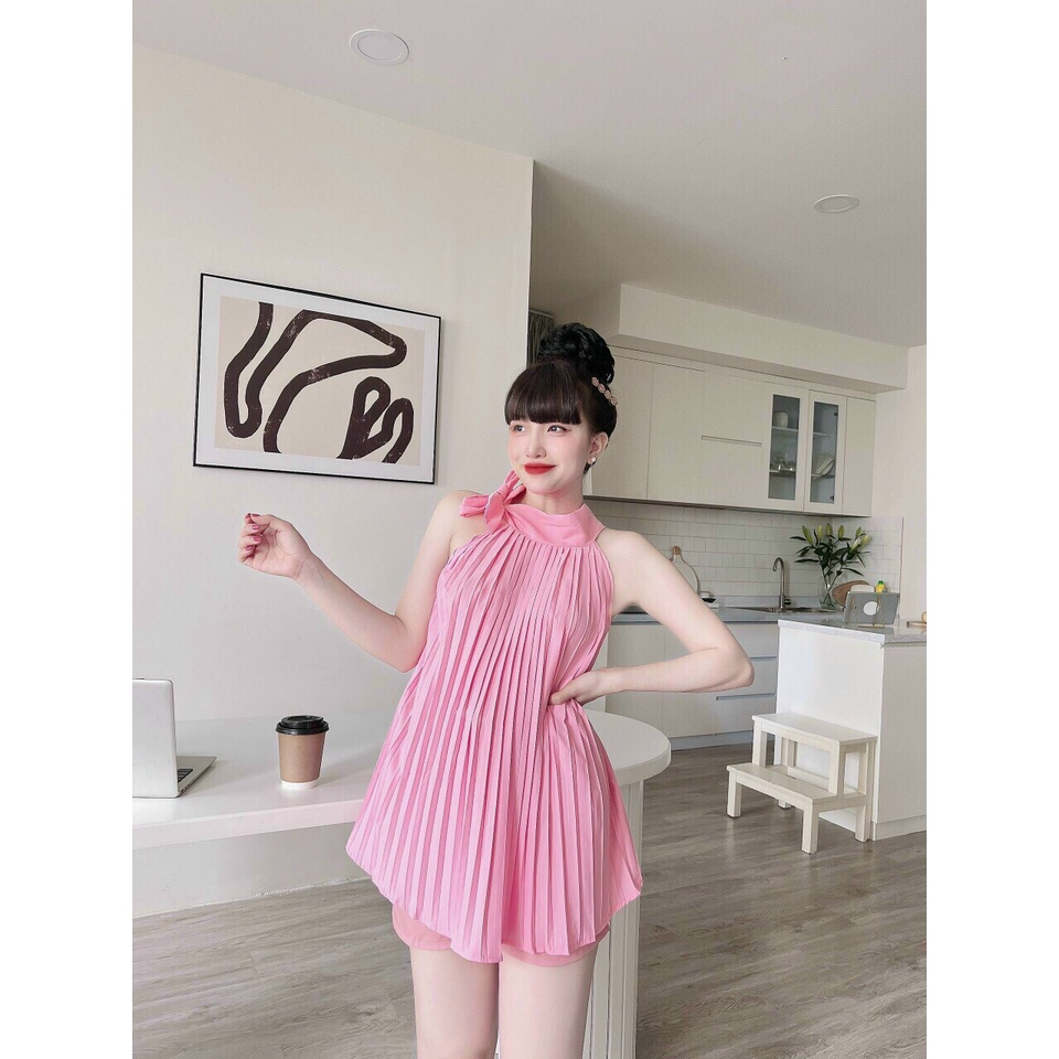 (Siêu Sale FreeShip) Sét bộ yếm lụa,bộ nữ xếp li from suông mix quần cạp cao có túi,diện đi đâu cũng chanh sả