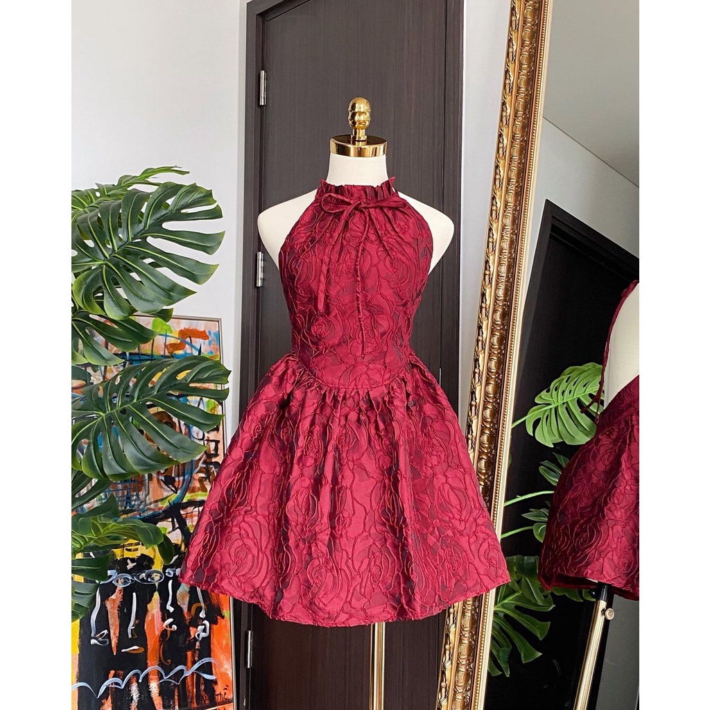 Đầm gấm xoè Shebyshj cổ yếm màu đỏ - Melody Dress