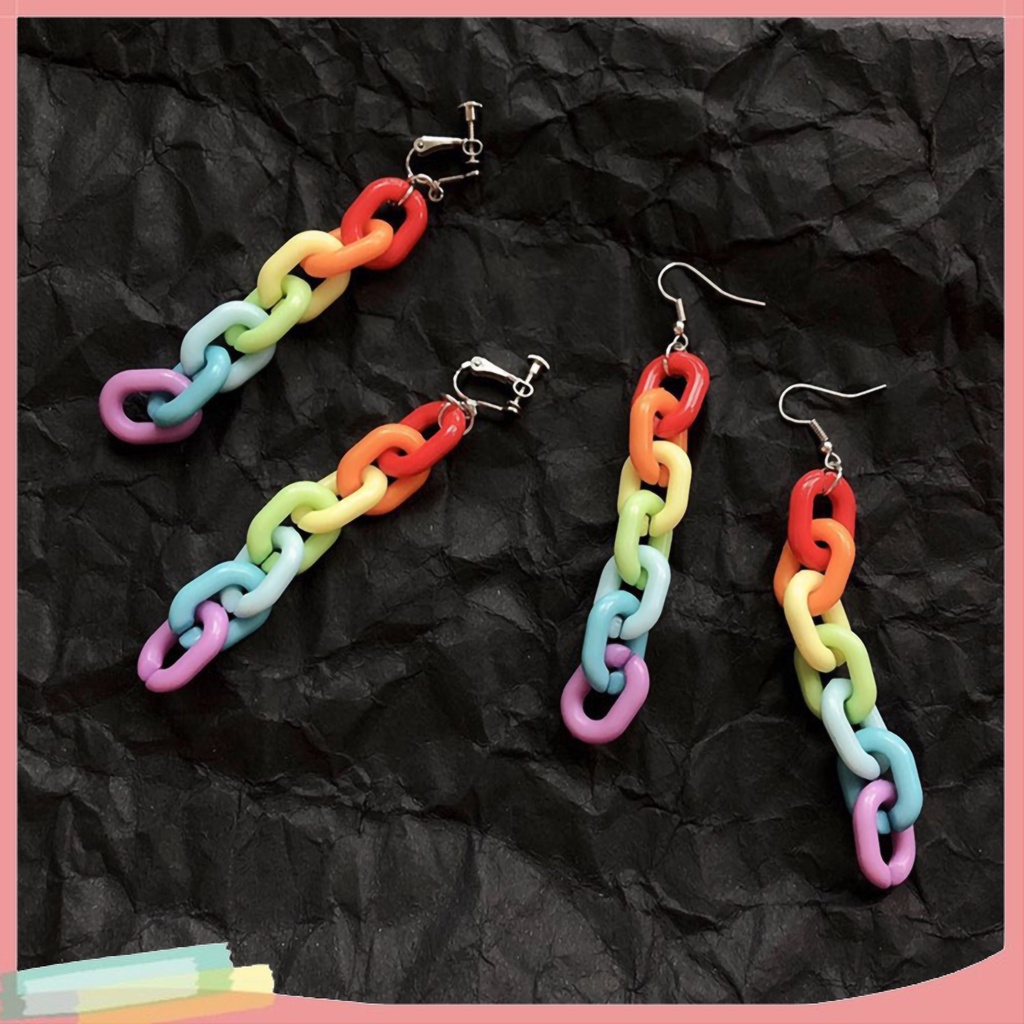 Đôi Khuyên Tai Dài Phối Dây Xích Màu Cầu Vồng Thời Trang Cho Nữ