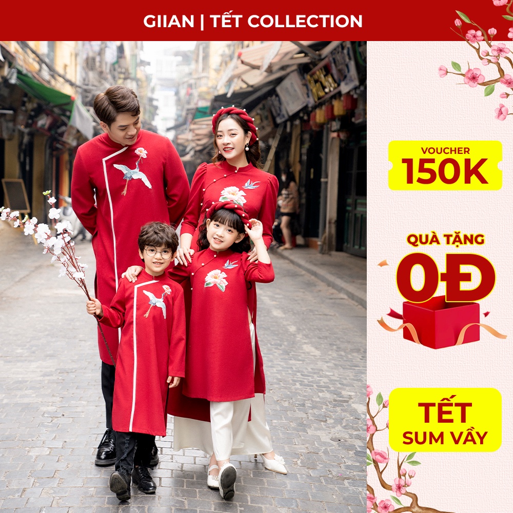 Áo dài đỏ cách tân Tết 2023 gia đình thiết kế họa tiết xuân cách điệu chính hãng Giian - GAD406