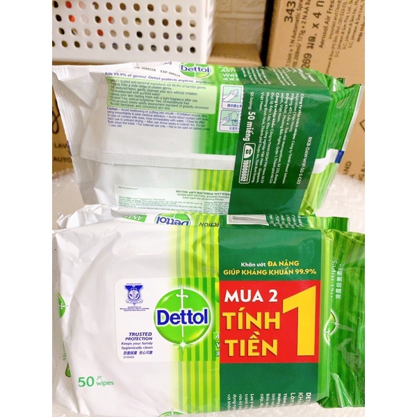 Combo 2 bịch khăn ướt Dettol đa năng kháng khuẩn 99.9% gói 50 tờ