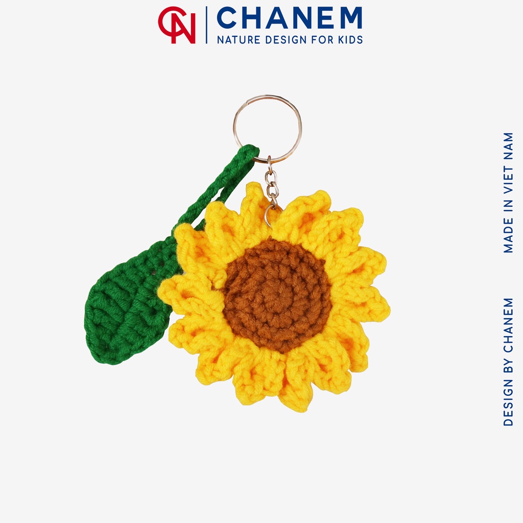 Móc khóa, móc trang trí túi xách hoa hướng dương và lá CHANEM, sản phẩm đan len thủ công