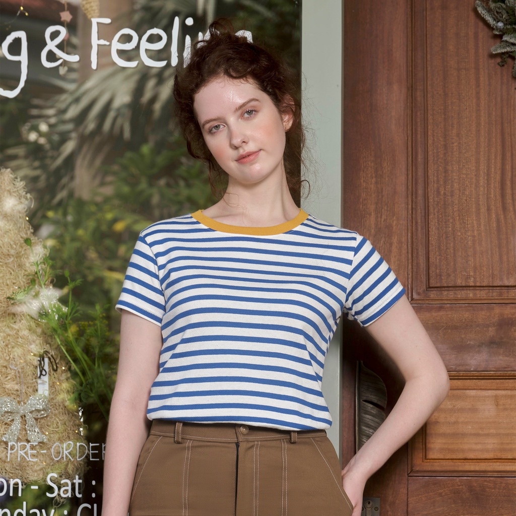 Andabove - Áo thun nữ sọc bo cổ màu - Striped T-shirt - Màu Xanh/Trắng