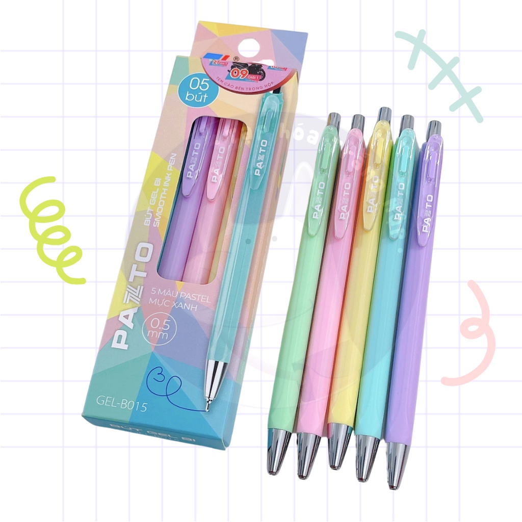Bộ 5 cây Pazto Thiên Long mực gel xanh vỏ màu pastel cực dễ thương