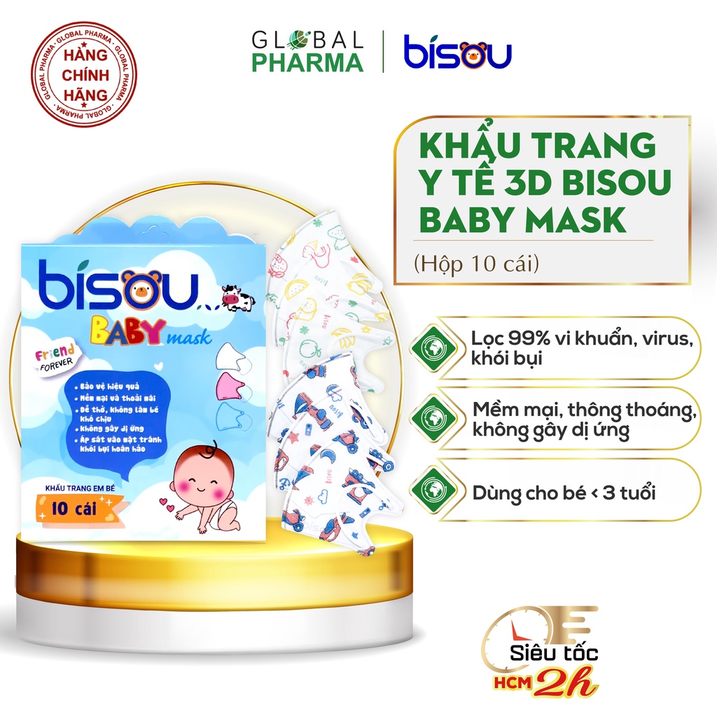 Khẩu trang 3D Bisou baby cho bé < 3 tuổi (mẫu ngẫu nhiên) Không đau tai, kháng khuẩn, an toàn, không xù lông (Hộp 10c)