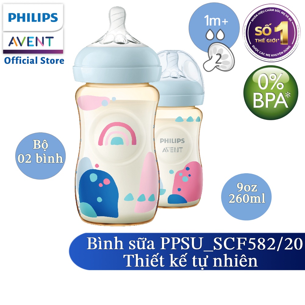 Philips Avent Hộp 2 Bình sữa PPSU thiết kế tự nhiên 260ml cho trẻ từ 1 tháng tuổi SCF582/20