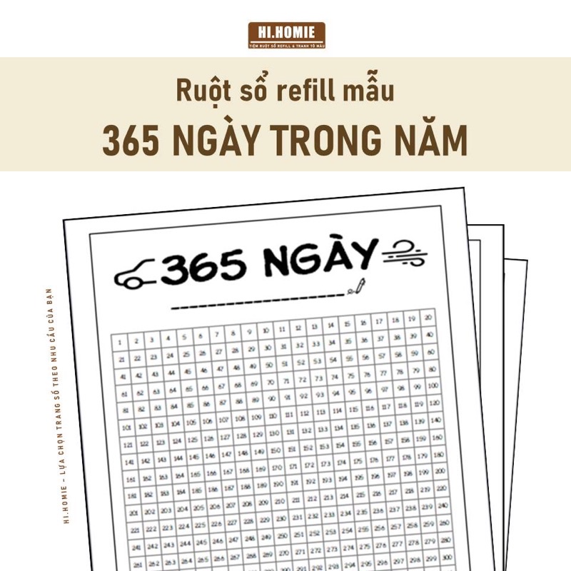 Mẫu 365 ngày trong năm - Ruột sổ còng, giấy refill A5, A4 - Hi Homie