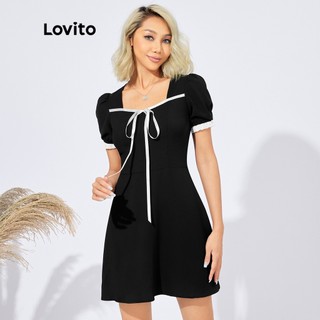 Lovito GiảN Dị ĐồNg BằNg Tương PhảN Ren Tie Phía TrướC Tay Áo PhồNg NgườI Yêu Váy Cổ YếM L22AD076 (Đen)