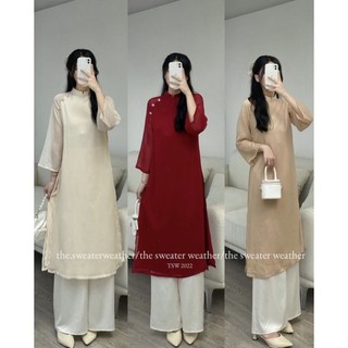 Set áo dài tơ cúc đính hoa yena.closet - áo dài nữ tơ trơn truyền thống kèm quần loại 1 cao cấp đi chơi tết, lễ hội