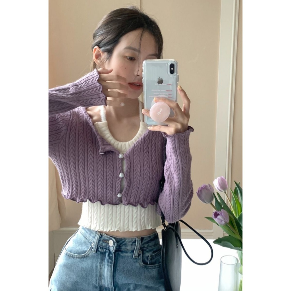 Bộ Áo Hai Dây Và Áo Cardigan Y2k 2022 Dáng Ngắn Viền Bèo Nhún Nhẹ Nhàng Đơn Giản Mùa Xuân Hè